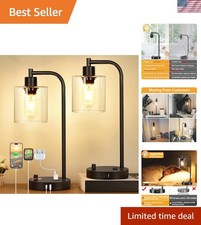 Stepless Dimmable Industrial Table Lamps Set of 2 with USB  LED Bulbs Included