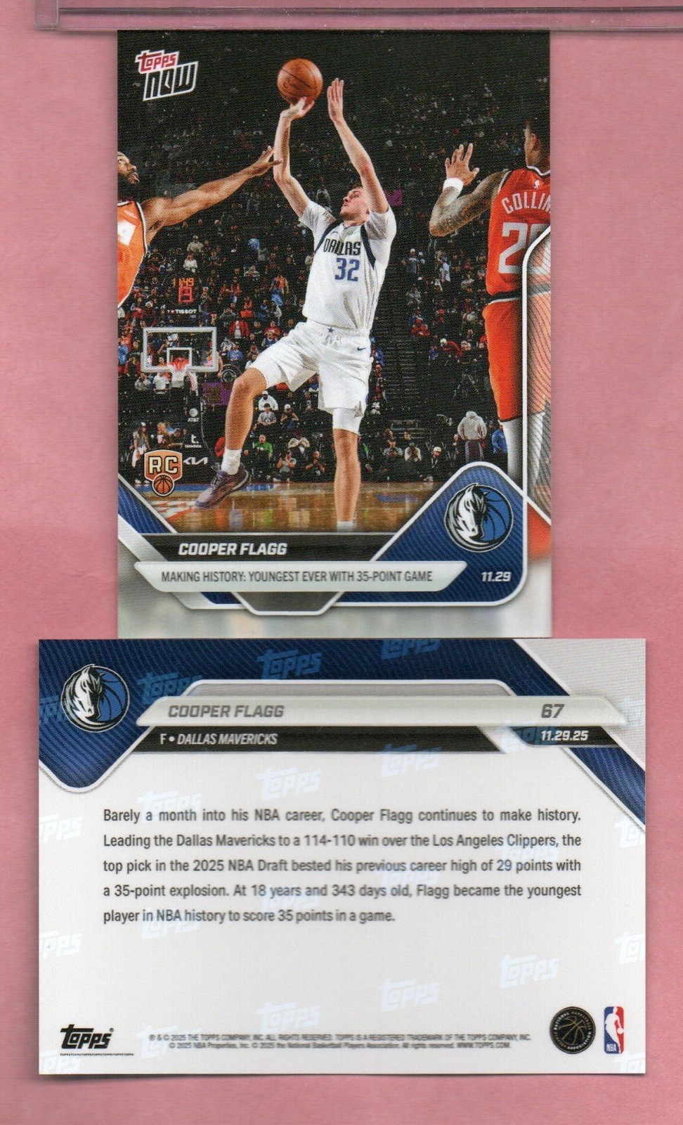 Cooper Flagg 2025-26 Topps NOW Rookie NBA Debut RC Mavericks #67