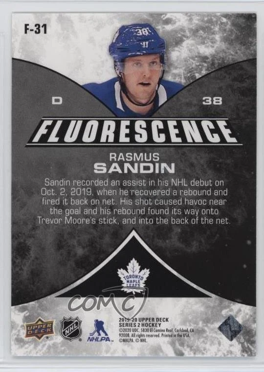 2019-20 Upper Deck Fluorescence Blue /50 Rasmus Sandin #F-31 Rookie RC - Image 2 of 2