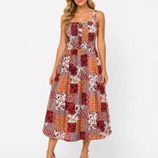 M Pink Patchwork Midi Dress Smocked Rayon Festival Boho Chic Party Cottagecore