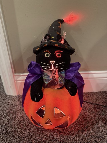 Cappello Mago Gatto Nero Fibra Ottica Mantello Zucca 14” Halloween Jack O Lanterna - Foto 3 di 9