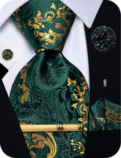 Silk Paisley Floral Tie and Pocket Square Cufflinks with Lapel Pin Sets for Men