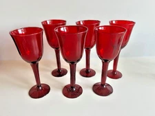 Vintage 8 5/8" Cranberry/Ruby Red Stem Wine Glass Goblet - Set of 6