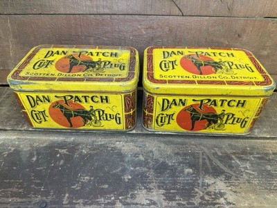 2 Dan Patch Cut Plug Chew or Smoke Tobacco Metal Tin Scotten Dillon Co Detroit