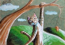 Jacob Landis HANDMADE ORIGINAL art ACEO Cute Tabby Kitten Cat "Hang'n In There"