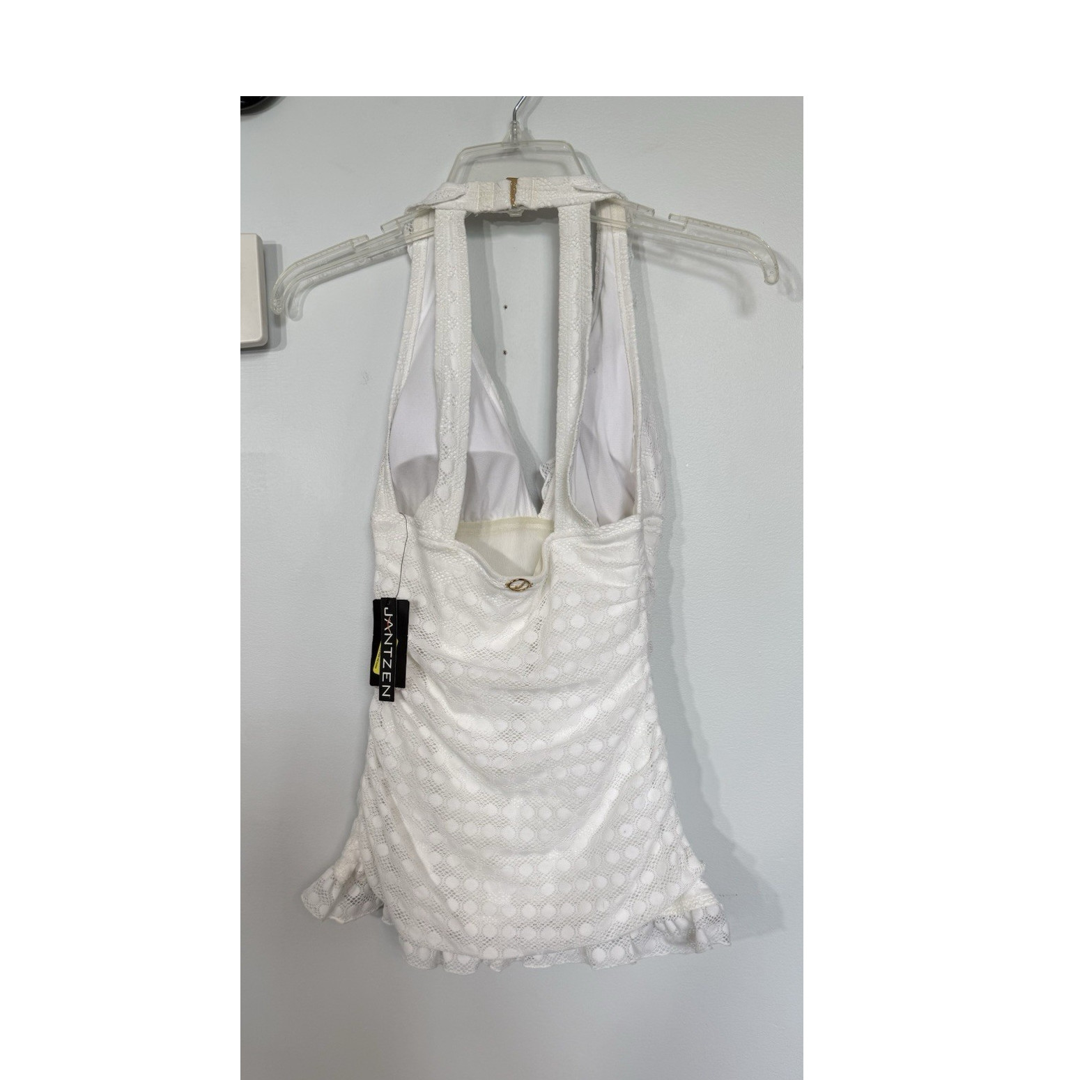 Jantzen White Polka Dot Lace Halter Swimdress One Piece Ruffle, 6 D