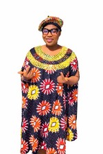 Women's African Kaftan Dress Multicolor Pattern with Matching Hat