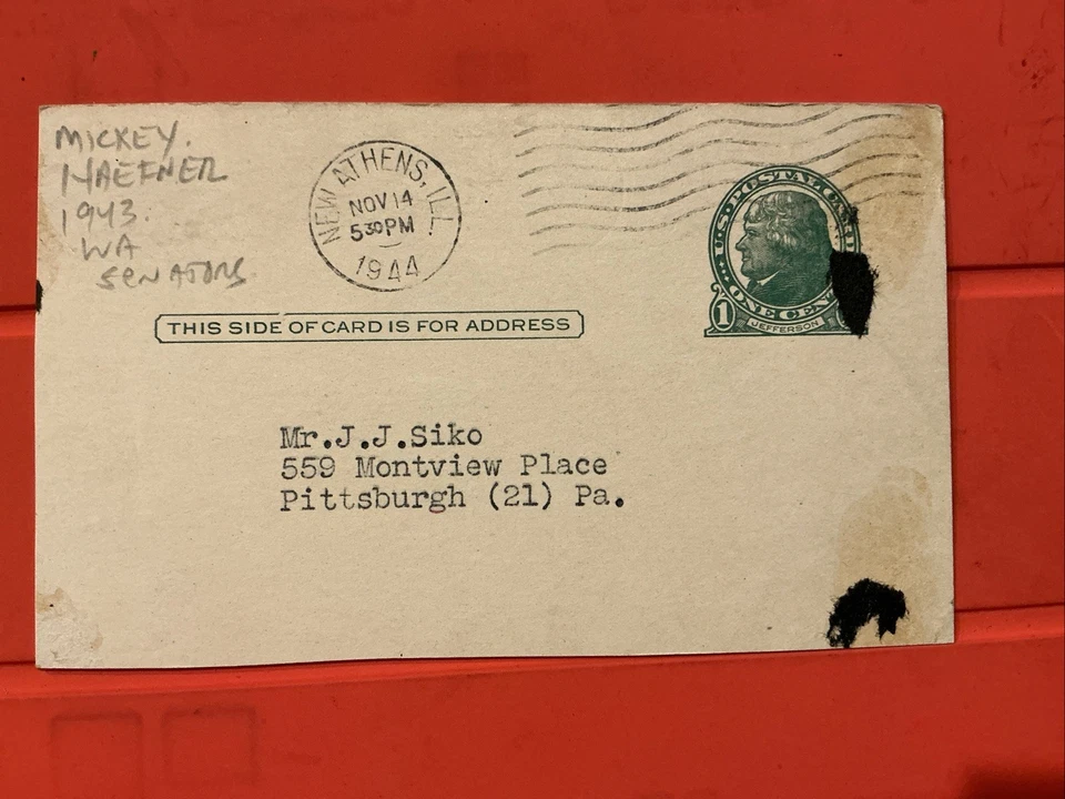 Mickey Haefner🔥MLB: 1943 Washington Senators 🔥Autograph postcard 🔥🔥🔥 - Image 2 of 2