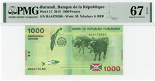 51 2015 1000 Francs Burundi, Banque de la Republique PMG Sup GEM UNC 67 EPQ