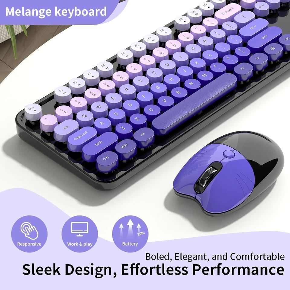  Full-size Wireless Keyboard and Mouse Bundle with OTG & Brush Purple Pink - Image 3 of 4
