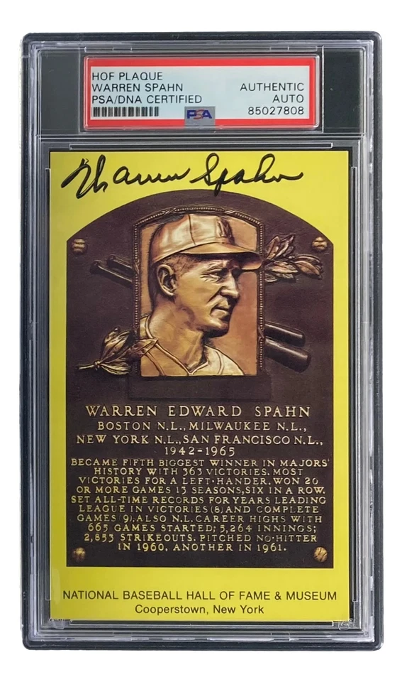 Warren Spahn Signed 4x6 Milwaukee Braves Hall Of Fame Plaque Card PSA/DNA - Image 4 of 4