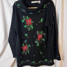 Victoria Jones Christmas Sweater Beaded Embroidered Cowl Neck Tunic Size Large