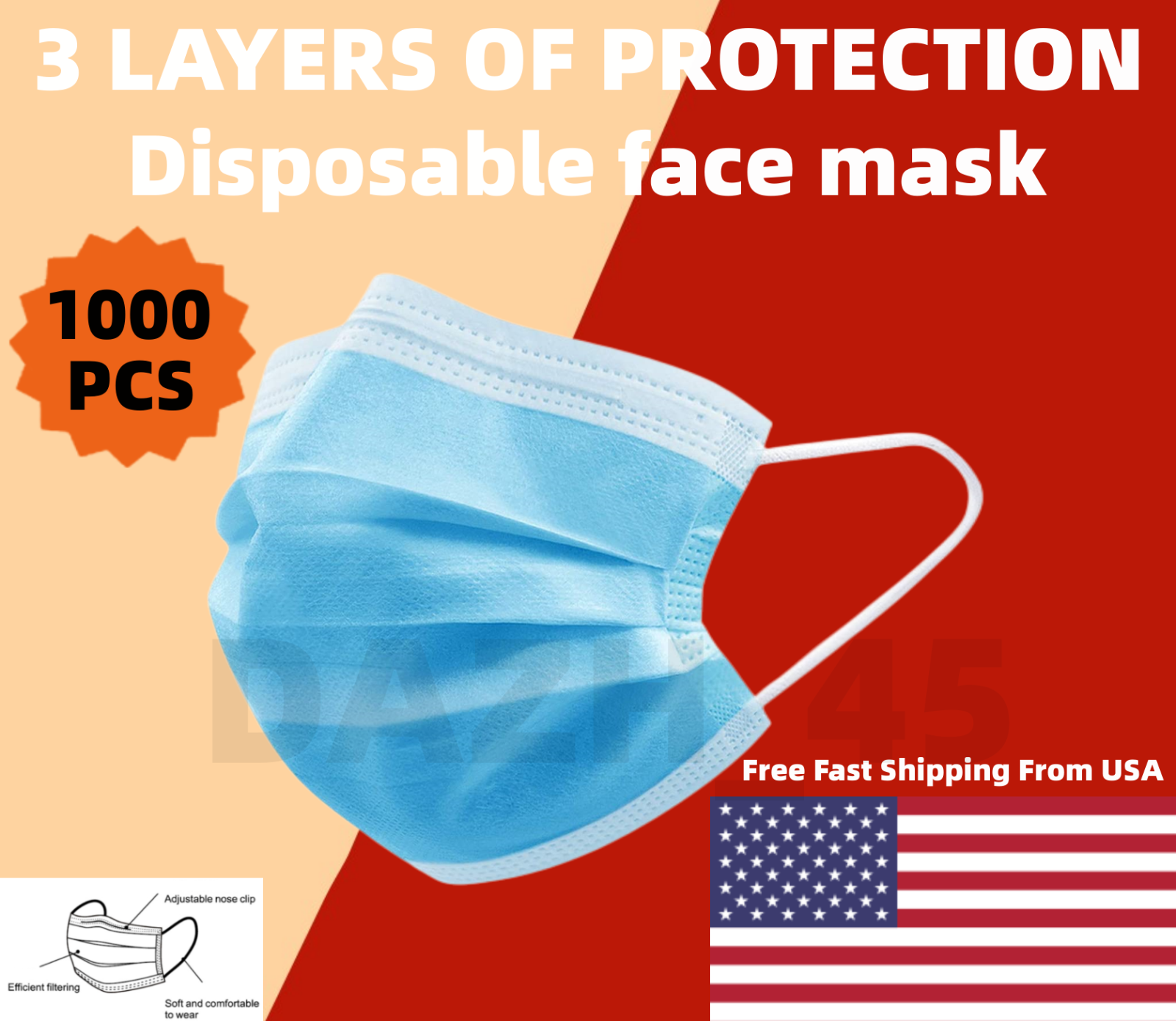 Blue Disposable 3-Ply Earloop Face Masks 1000