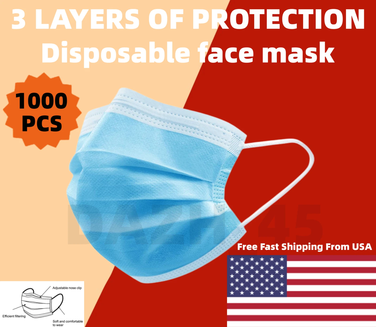 1000Pcs Blue Disposable Face Masks Earloop Blue 3-Ply Unisex Mouth & Nose Cover