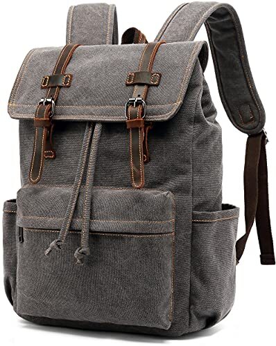 Vintage Grey Canvas & Leather Laptop Backpack for Men - Travel Hiking Rucksack