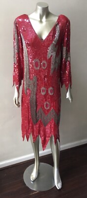 Saks Fünfte Geld Flapper Perlen Vintage 80s Tut 20s Pailletten Lang Party Rot S