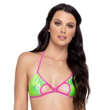 Metallic Swirl Bikini Top Cut Out Triangle Cups O Ring Halter Pink Green 6304