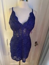 MORGAN & CO LACE INDIGO GLOSSY FABRIC PARTY DRESS, SHEER WAISTLINE-SIZE15-NWT!!