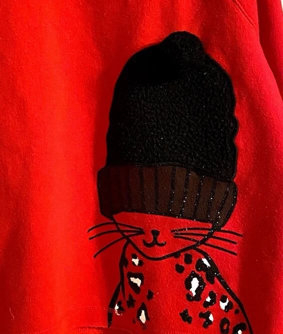 Justice Girls Size 18 Cat Embellished W Black Hat Red Fleece Cropped Pullover - Image 2 of 4