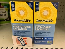 QTY: 2), Renew Life Extra Care Probiotic Digestive Health 30 Capsules, EXP27JA