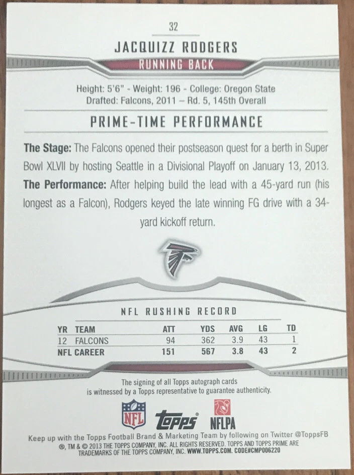 2013 Topps Prime Autographs Jacquizz Rodgers #32 Atlanta Falcons #’d 089/150 - Image 2 of 2