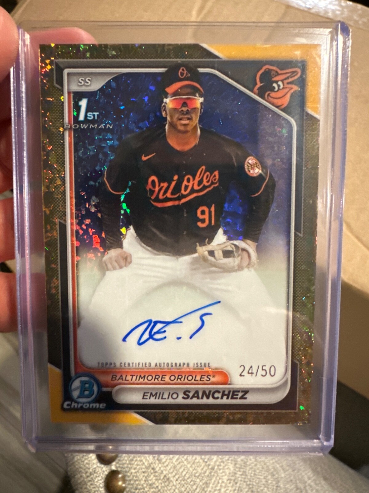 1st EMILIO SANCHEZ 2024 Bowman Chrome Auto Gold Speckle #'d 24/50 Balt Orioles