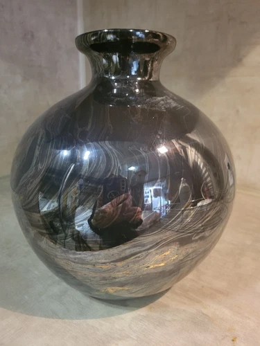 Vtg HAEGER POTTERY Black Iridescent Marble VASE large 8-1/2" Mid-Century Modern