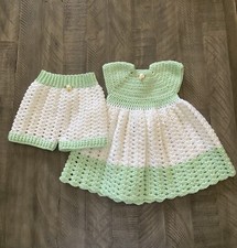 Handmade Crochet Baby Dress Set. Multi-color. Fits approx. 3-6 mon
