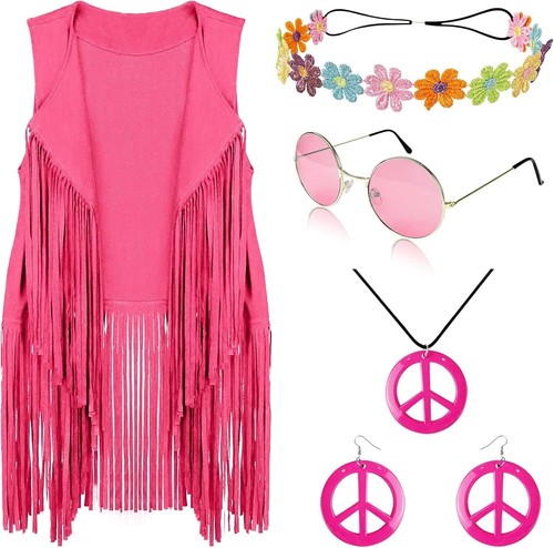 Hippie Flower Headband, Fringe Vest & Peace Sign Earrings – Retro Style Set - Picture 3 of 8