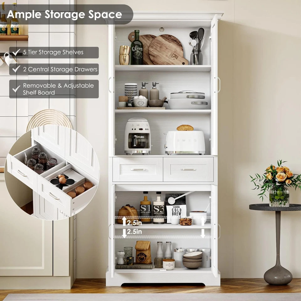 Armario despensa ModeTall blanco armario de almacenamiento 5 estantes 2 cajones organizador MDF Foto 2 de 4