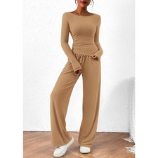 Women's 2 Piece Lounge Sets Asymmetrical Long Sleeve T Shirt Wide Leg