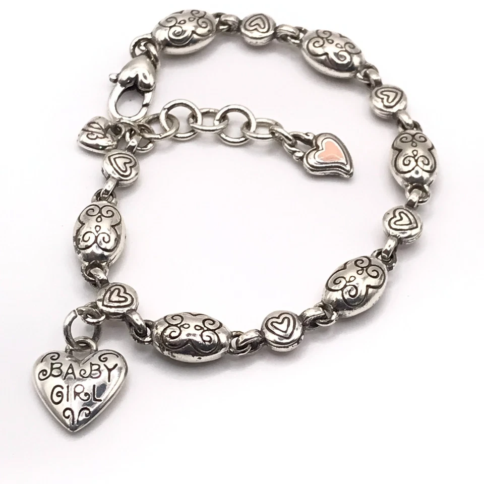 Pulsera Brighton Link Bebé Niña Dije Cristales Rosa Amor Plato Plata 8" Foto 2 de 4