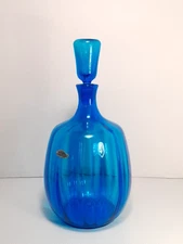Vintage Mid Century Blenko Joel Myers Blue Optic Ribbed Decanter W/ Stopper 6416