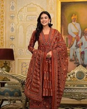 Women  s Rust Red Printed Kurta Set with Dupatta  Ethnic Indian Suit  Festive