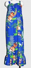 VTG Hawaiian Ruffled Royal Blue Bright Hibiscus Flowers Sleeveless Dress Wm's M