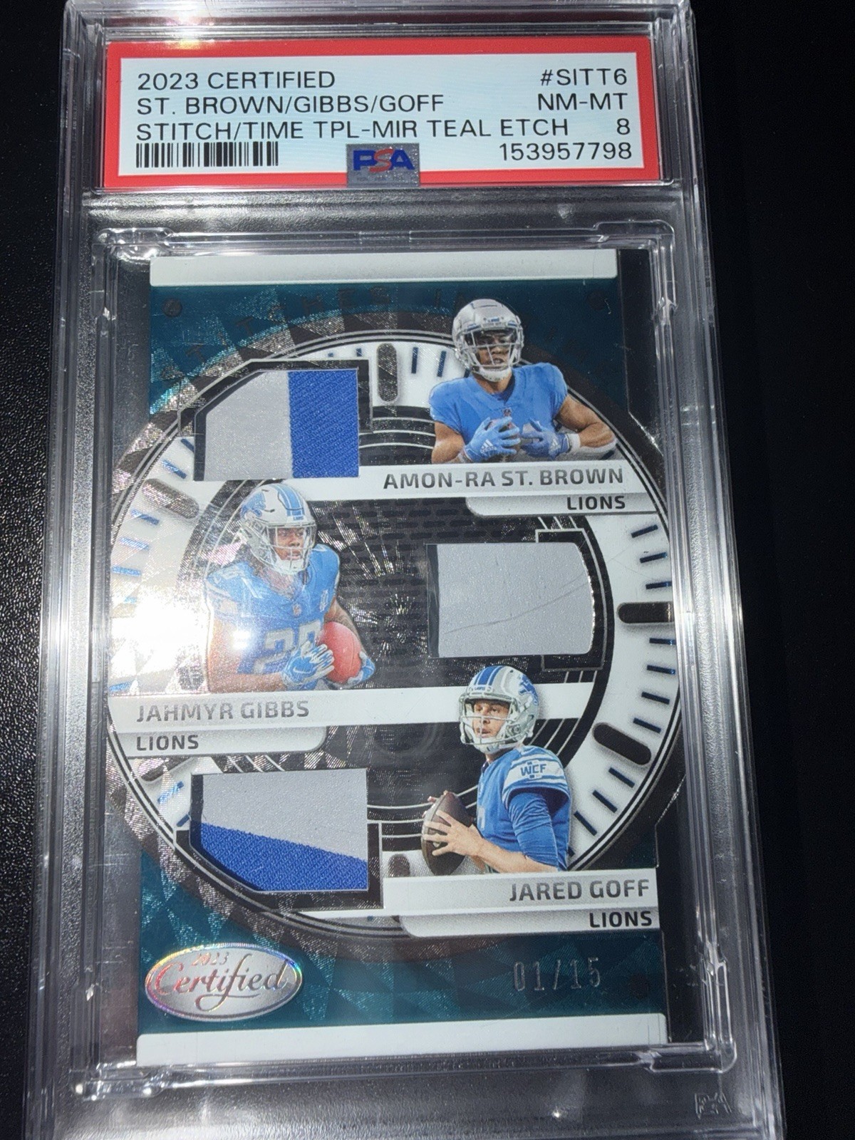 Jahmyr Gibbs/Amon-Ra St. Brown/ Jared Goff Triple Patch /15 Pop 1