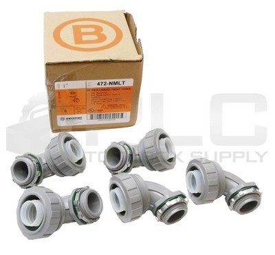 NEW BOX OF 5 BRIDGEPORT 472-NMLT 90DEG LIQUID- TIGHT CONNECTORS 1''