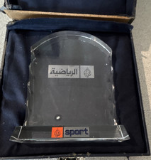 Al Jazeera Crystal Trophy Engravable Clear Column Black Stand Presentation Case