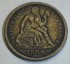 1890  Seated Liberty Silver Dime - 90% Silver  ASW 0.0723 oz
