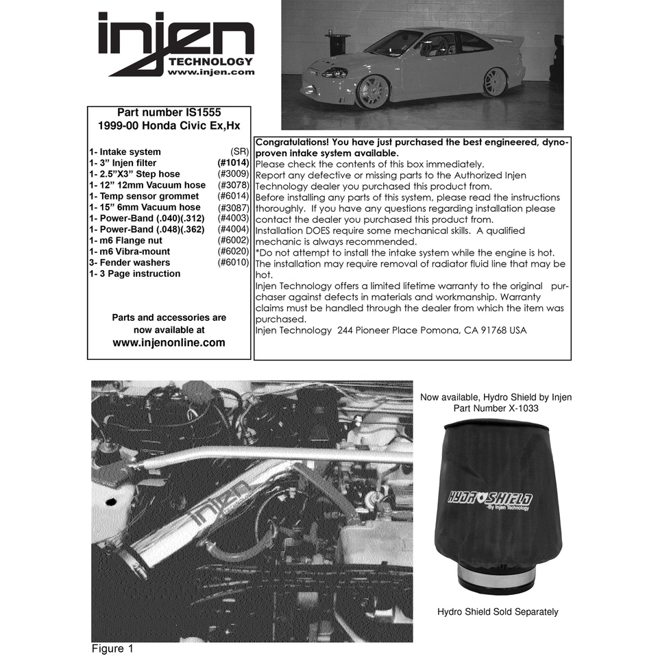 Entrada de aire frío Ram corta de aluminio Injen IS1555P para Honda Civic 1999-2000 1,6 L Foto 4 de 4