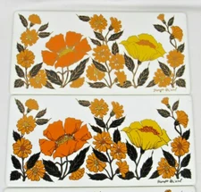Georges Briard  Metal Tiles Orange & Yellow Flowers w/Gold trim Enamel MCM 8x4