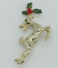 Vintage Signed Gerry's Christmas Reindeer Deer Brooch Gold Tone Enamel Holly
