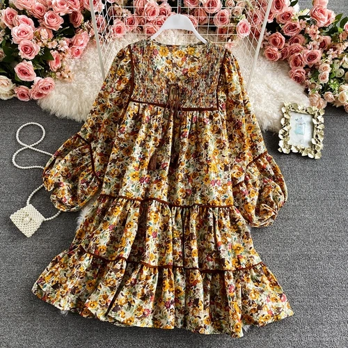 Lady Boho Floral Mini Dress Long Sleeve Loose Cottagecore Hippie Gypsy Swing - Picture 3 of 13
