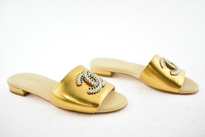 Chanel 19A Gold Laminated Lambskin CC Red Logo Slide Slip On