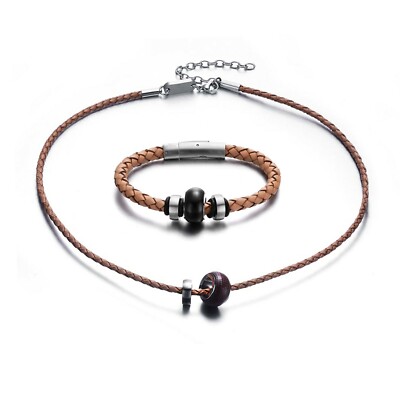 Matching Mens Brown Genuine Leather Necklace and Bracelet Steel and Wood  Charms