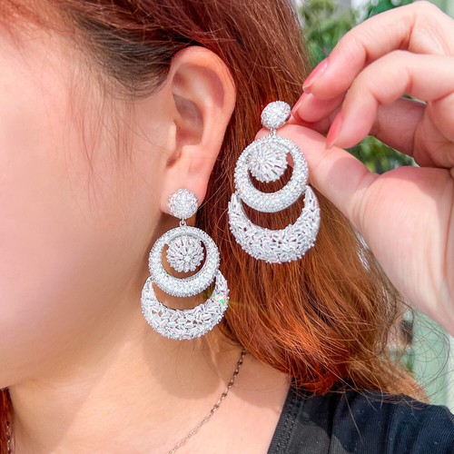 Pave Setting Round Dangle Earrings CZ Amerian Crystal White Gold Plated Jewelry - Picture 2 of 11