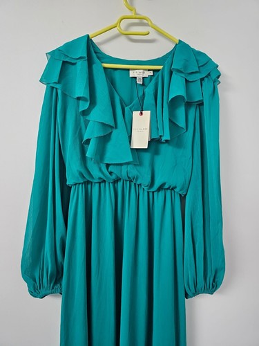 Ted Baker Womens Green Keina Ruffles Long Sleeve Maxi Dress Sz UK10 - Foto 15 di 16