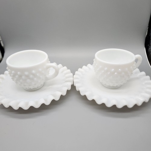 Vintage Antique White Milk Glass Cup & Saucer Hobnail Crimped Edge Set Of 2 - Picture 6 of 6