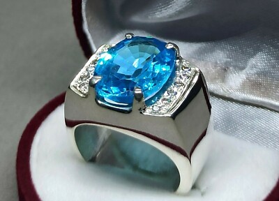 Eleganter Herrenring Ovalschliff 12 Karat Blautopas Sterlingsilber 925 Handarbeit Topas