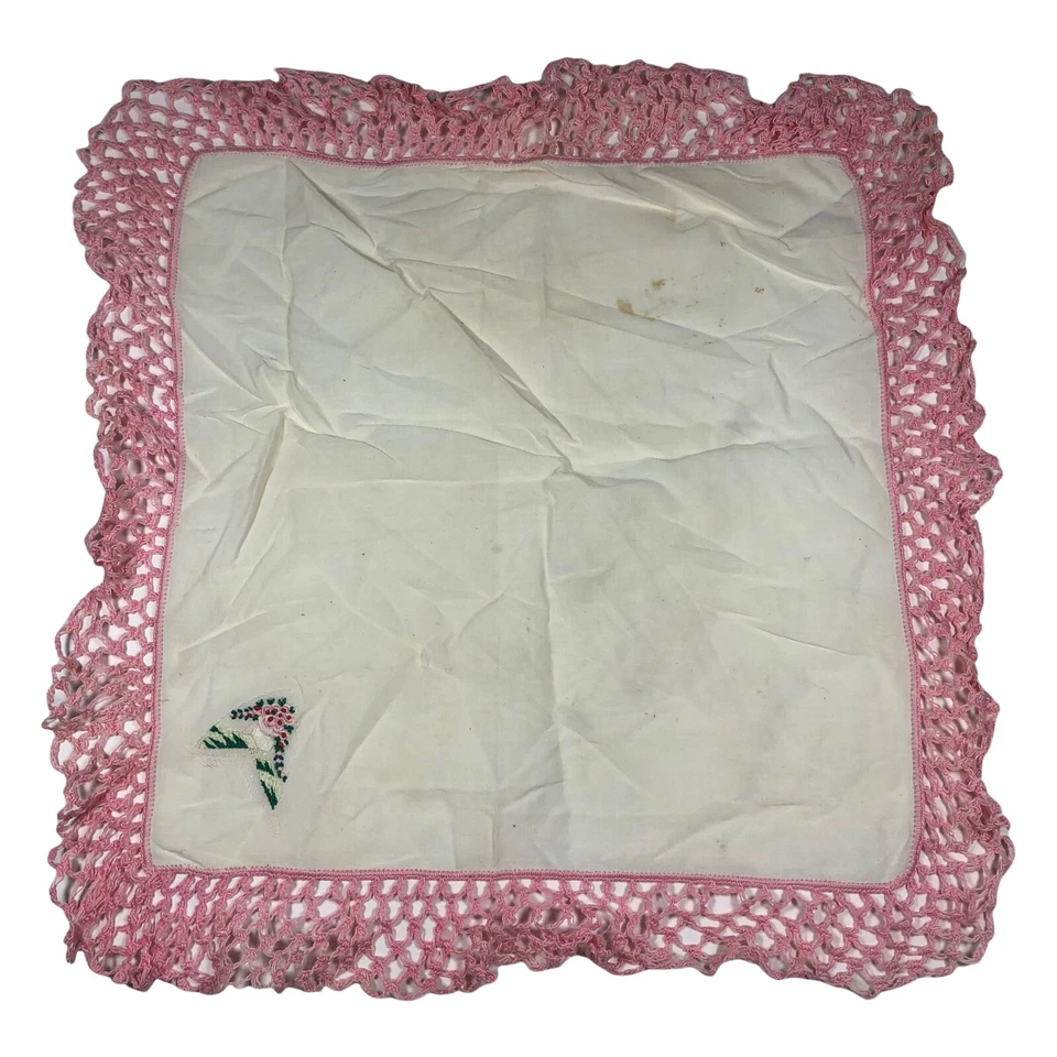 Pañuelo Vintage Bordado Pañuelo Floral Flor Ancho Rosa Crochet Borde Foto 2 de 4